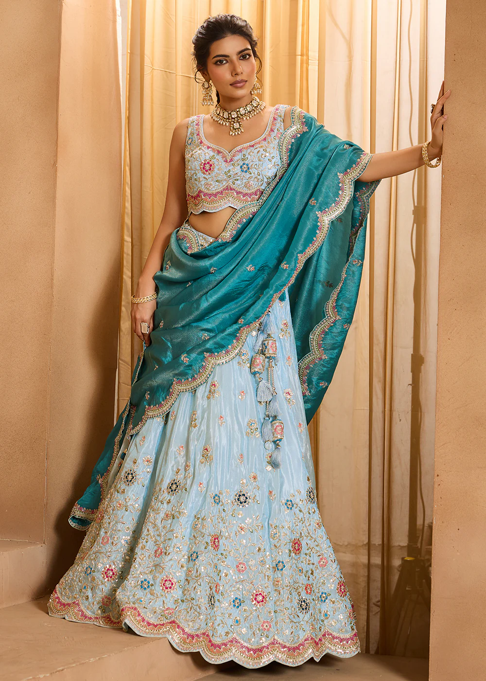 Breathtaking Turquoise Blue Wedding Designer Lehenga Choli - Image 4