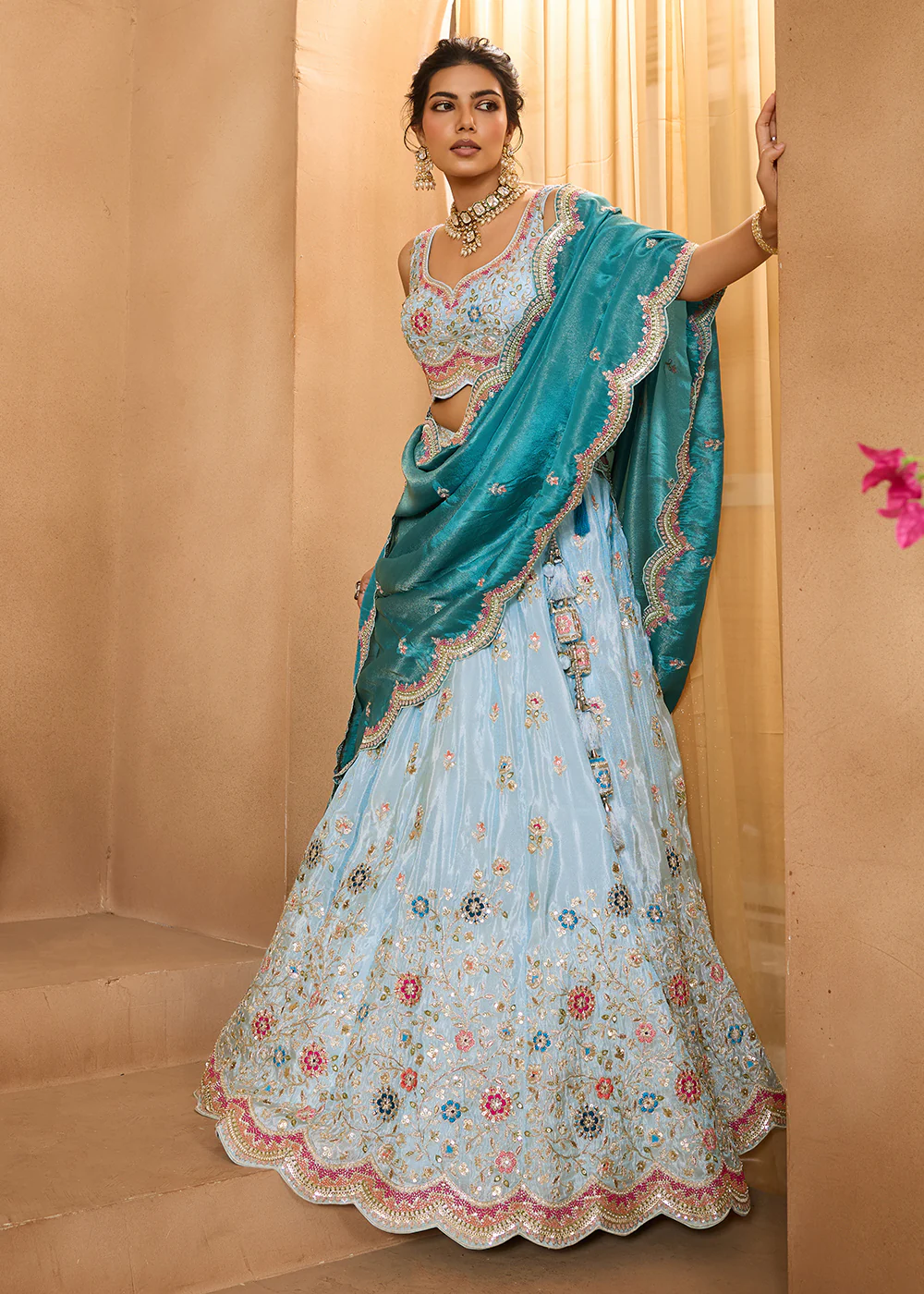 Breathtaking Turquoise Blue Wedding Designer Lehenga Choli - Image 7