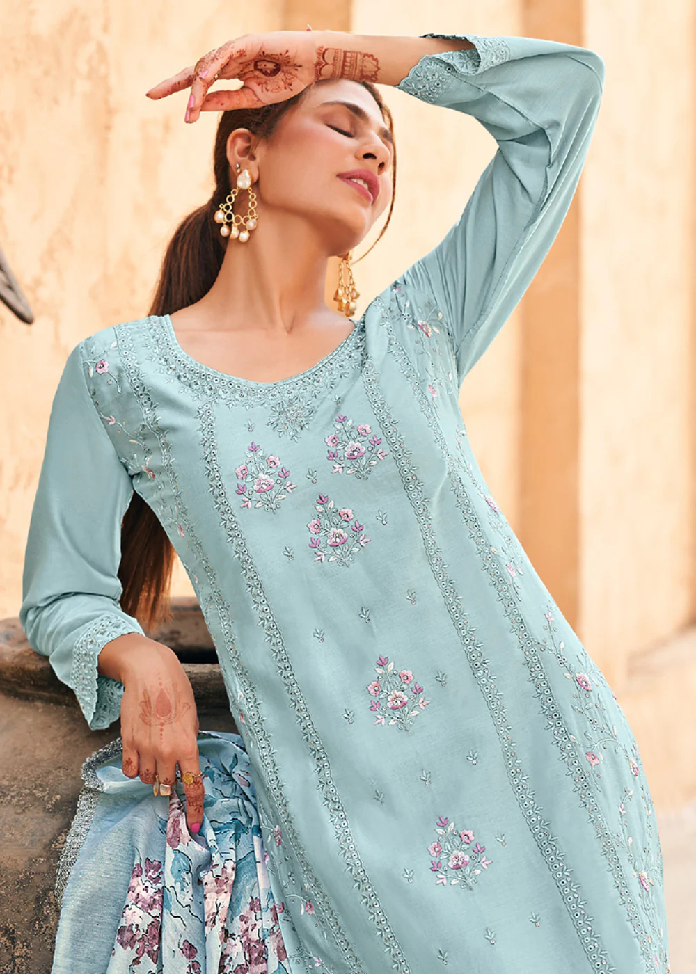 Breeze Blue Cotton Embroidered Festive Salwar Suit - Image 2