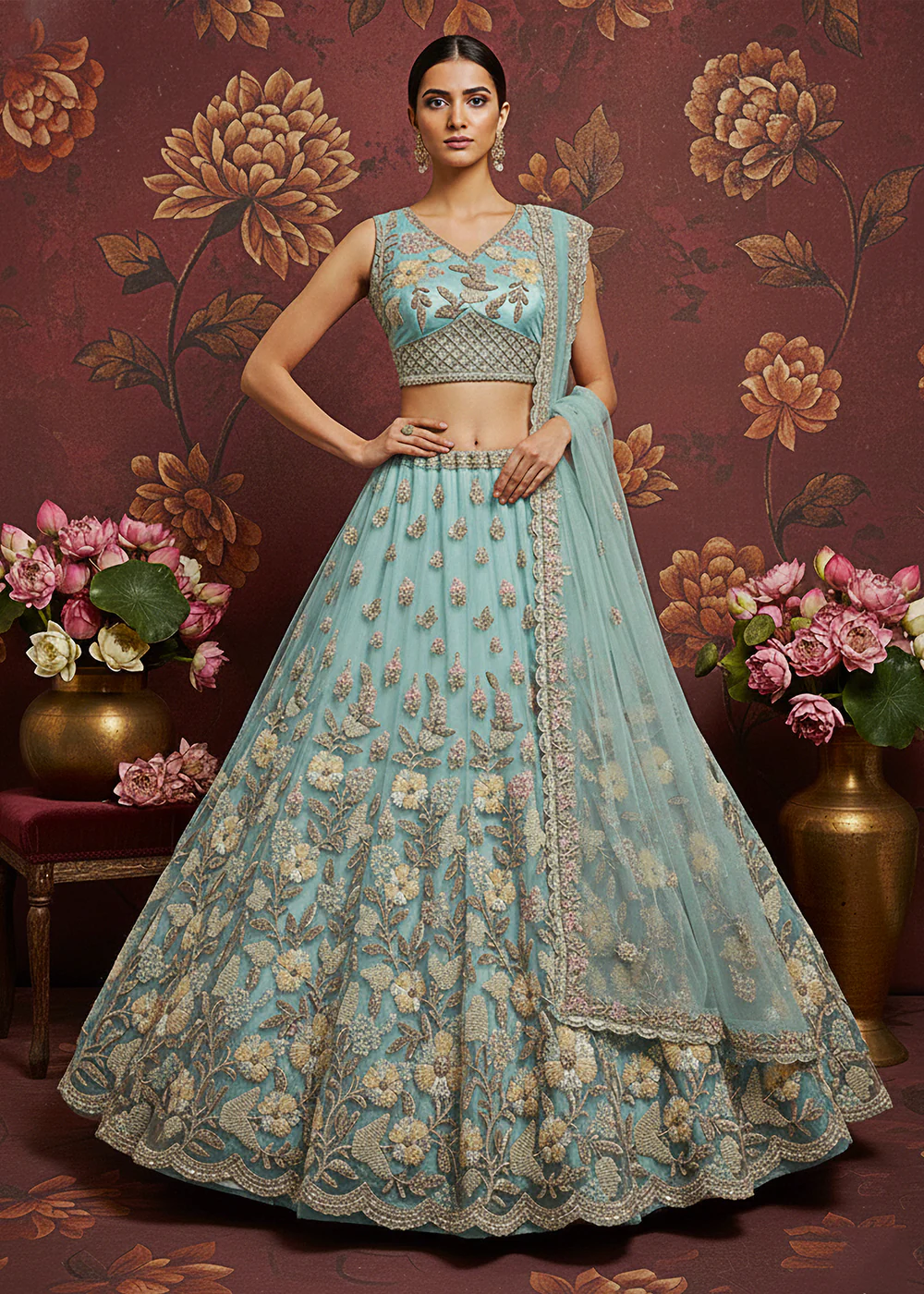 Breeze Blue Heavy Net Bridal Wear Lehenga Choli