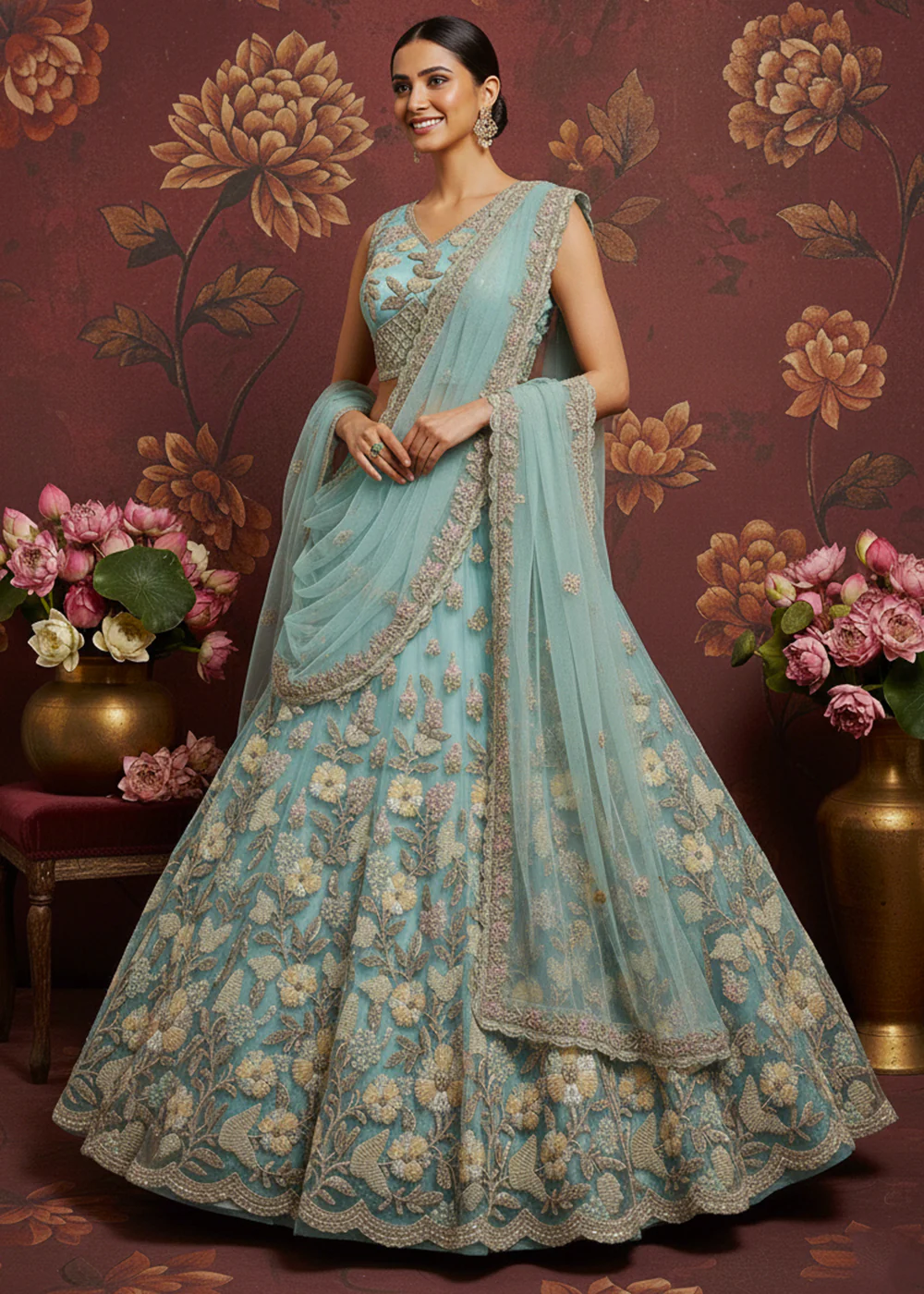 Breeze Blue Heavy Net Bridal Wear Lehenga Choli - Image 4