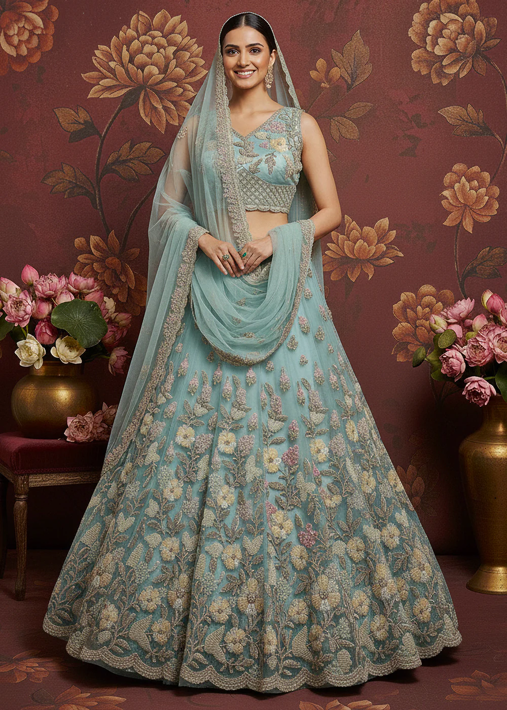 Breeze Blue Heavy Net Bridal Wear Lehenga Choli - Image 5