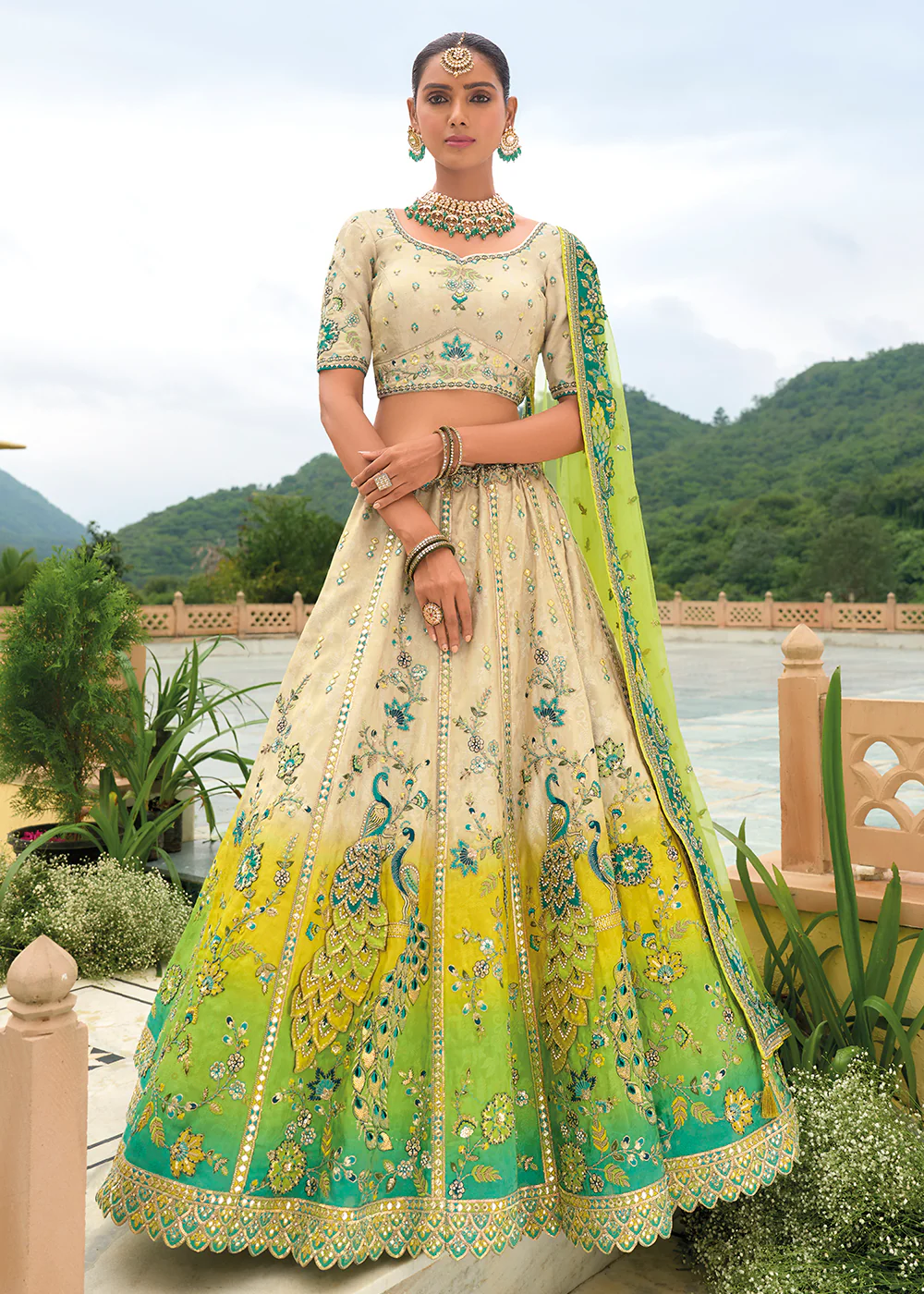 Bridal Beige Green Heavy Embroidered Designer Lehenga Choli