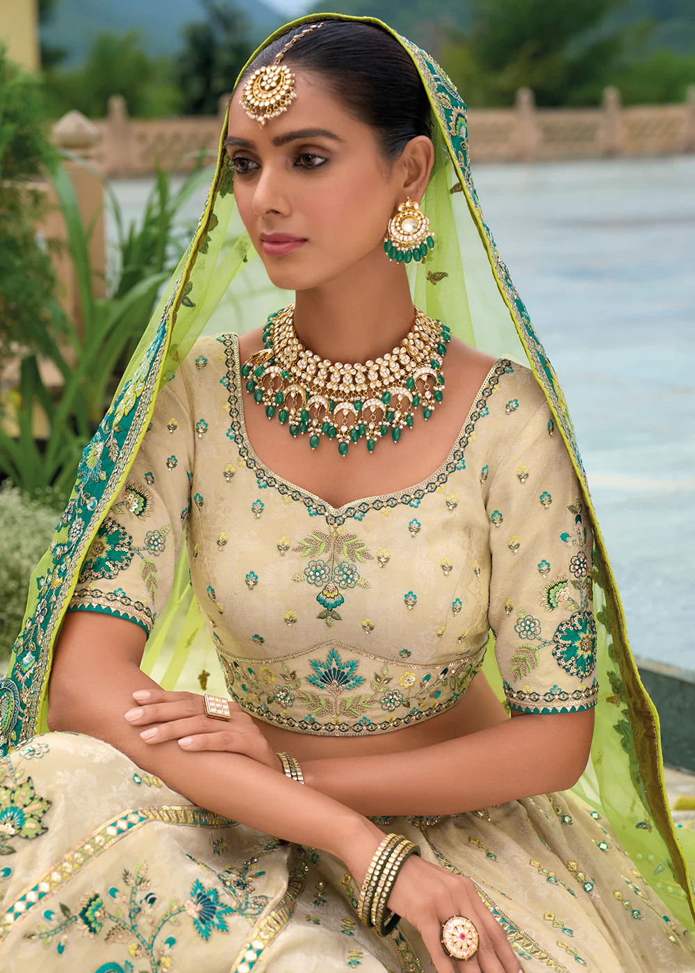 Bridal Beige Green Heavy Embroidered Designer Lehenga Choli - Image 2