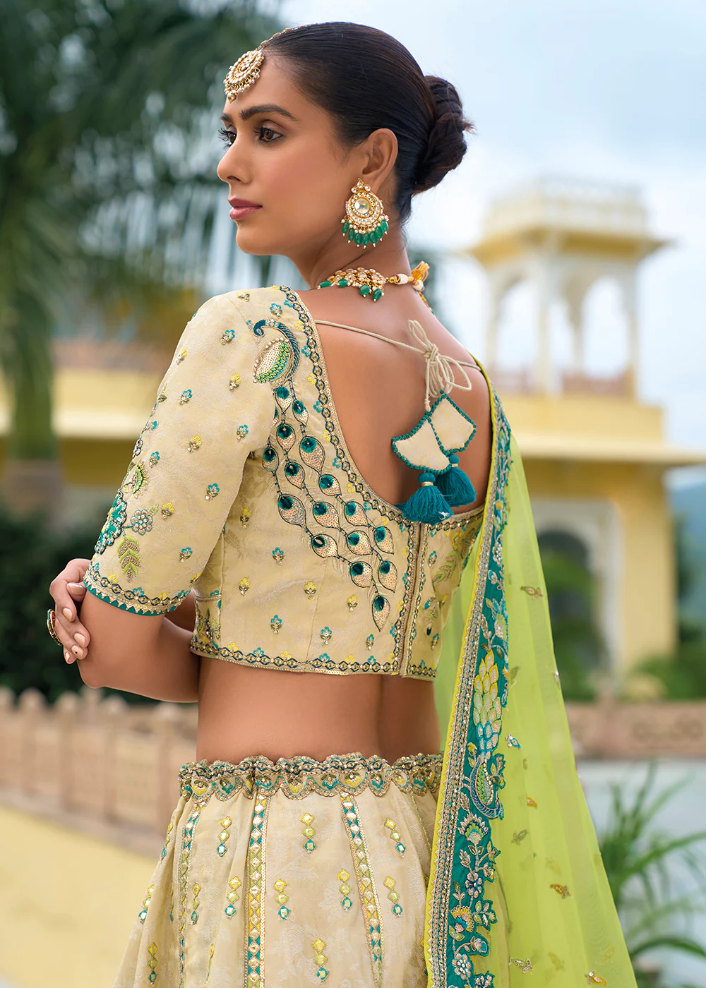 Bridal Beige Green Heavy Embroidered Designer Lehenga Choli - Image 3
