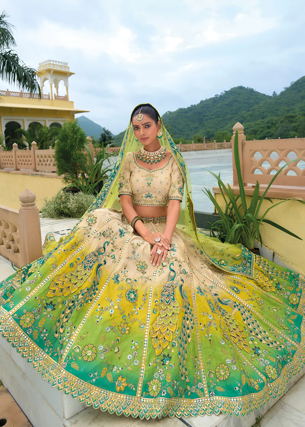 Bridal Beige Green Heavy Embroidered Designer Lehenga Choli - Image 4