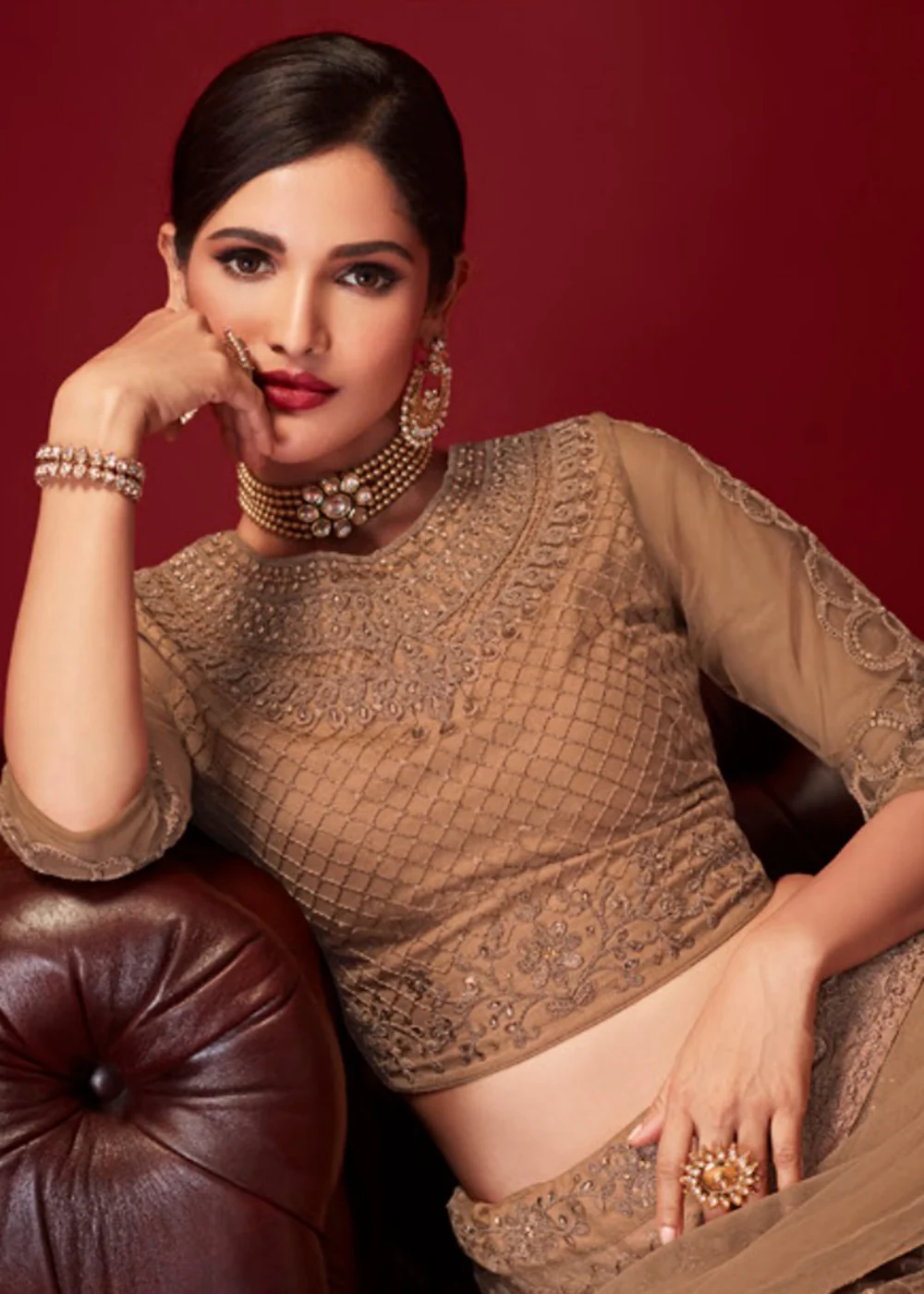 Bridal Brown Resham & Stone Embroidered Wedding Lehenga Choli - Image 2