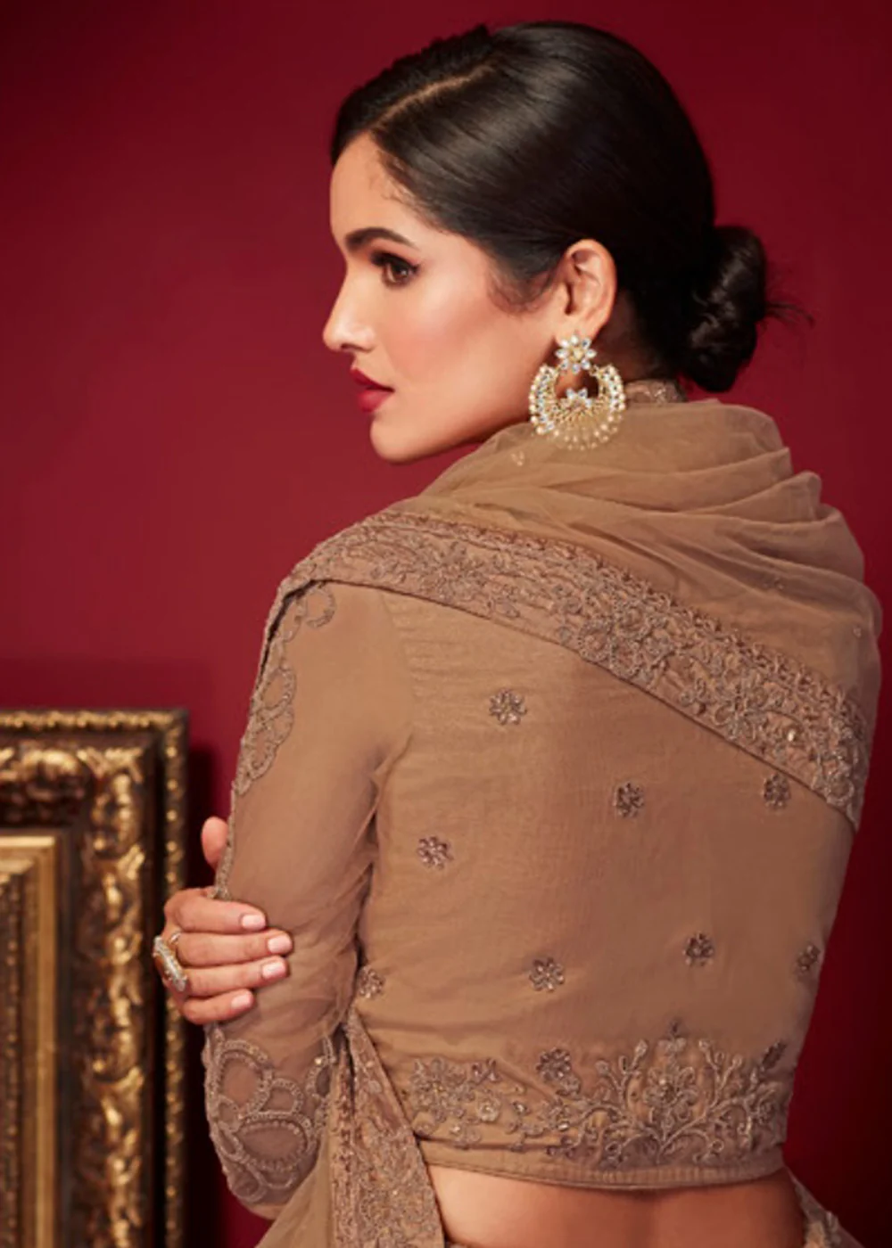 Bridal Brown Resham & Stone Embroidered Wedding Lehenga Choli - Image 3