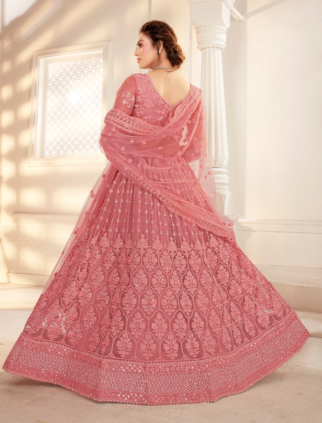Bridal Coral Peach Stunning Embroidered Lehenga Choli - Image 3