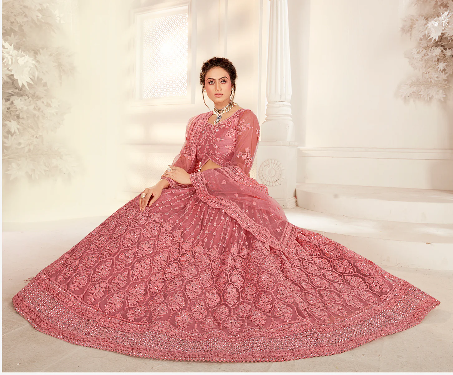 Bridal Coral Peach Stunning Embroidered Lehenga Choli - Image 5