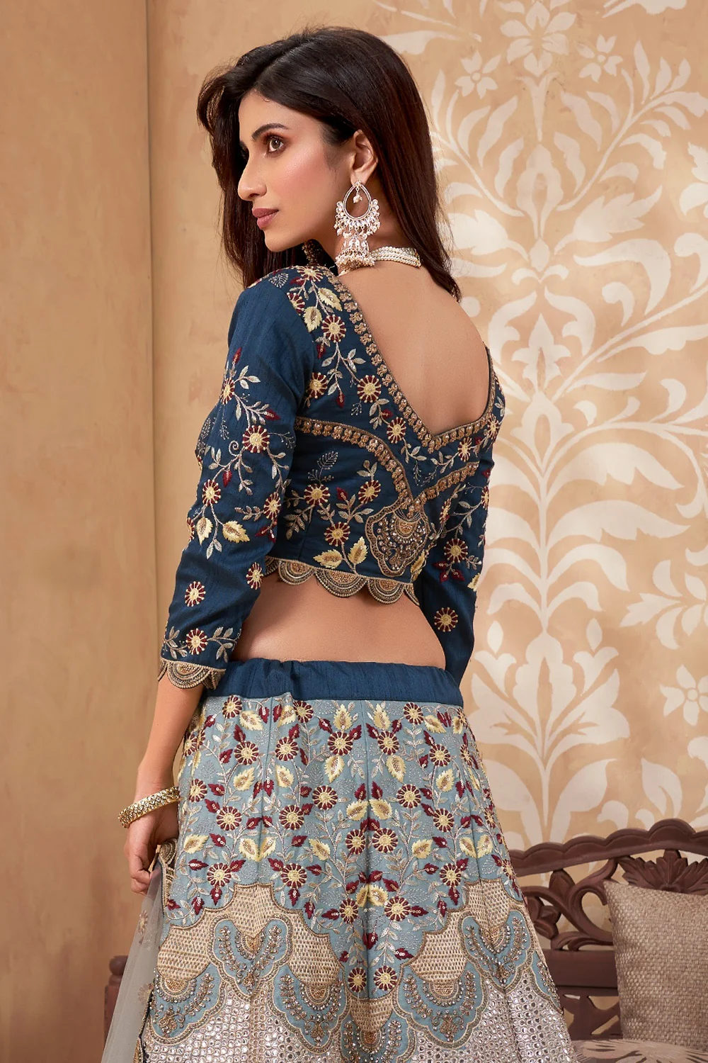 Bridal Cream & Blue A Line All Embroidered Lehenga Choli - Image 3