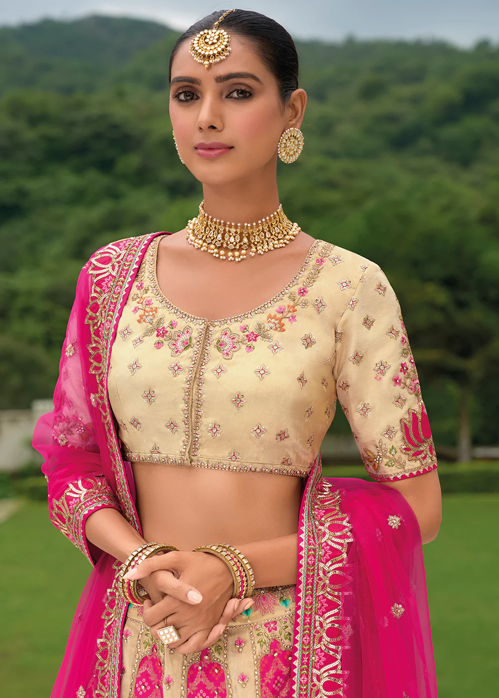 Bridal Cream Pink Heavy Embroidered Designer Lehenga Choli - Image 2