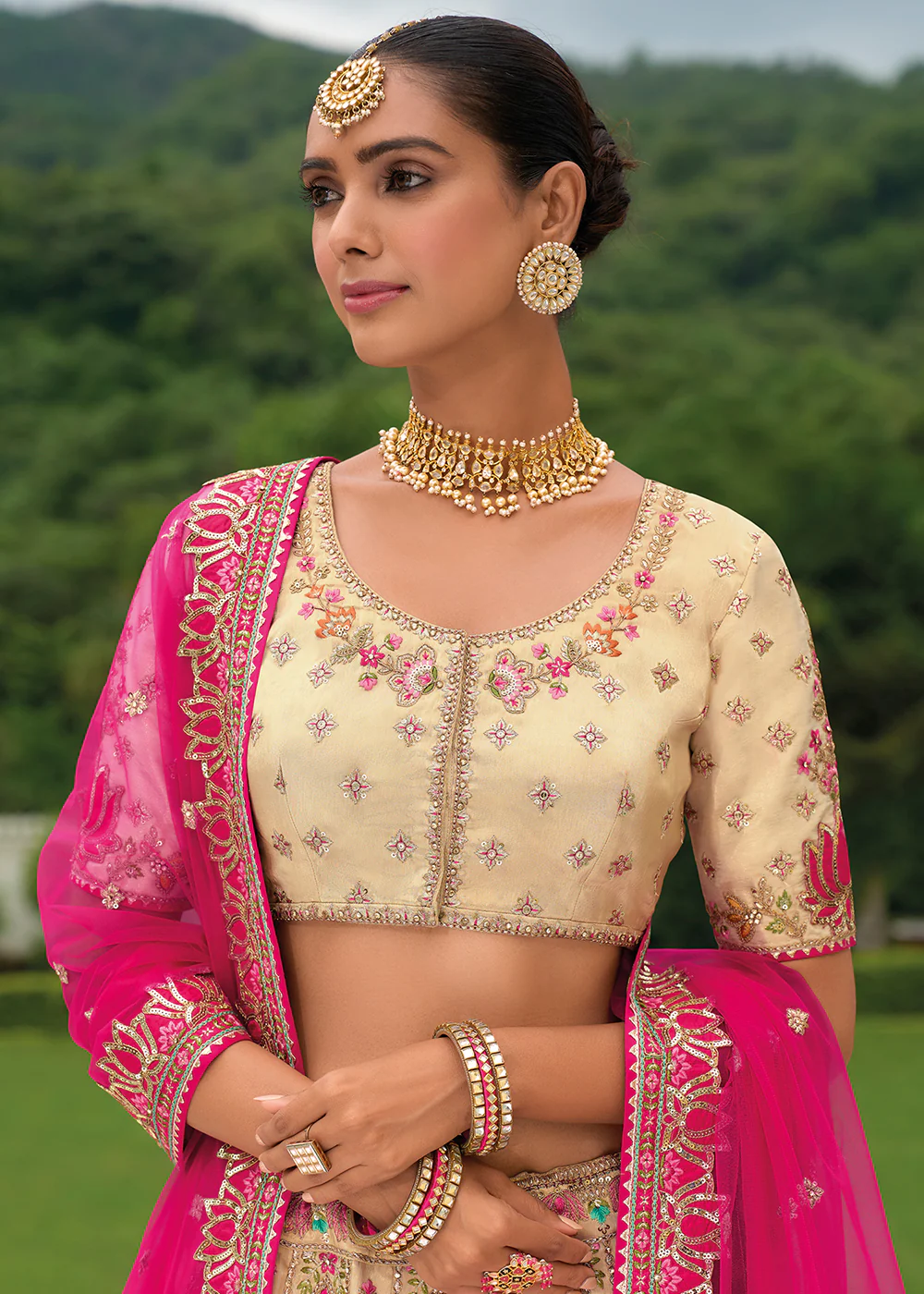 Bridal Cream Pink Heavy Embroidered Designer Lehenga Choli - Image 3