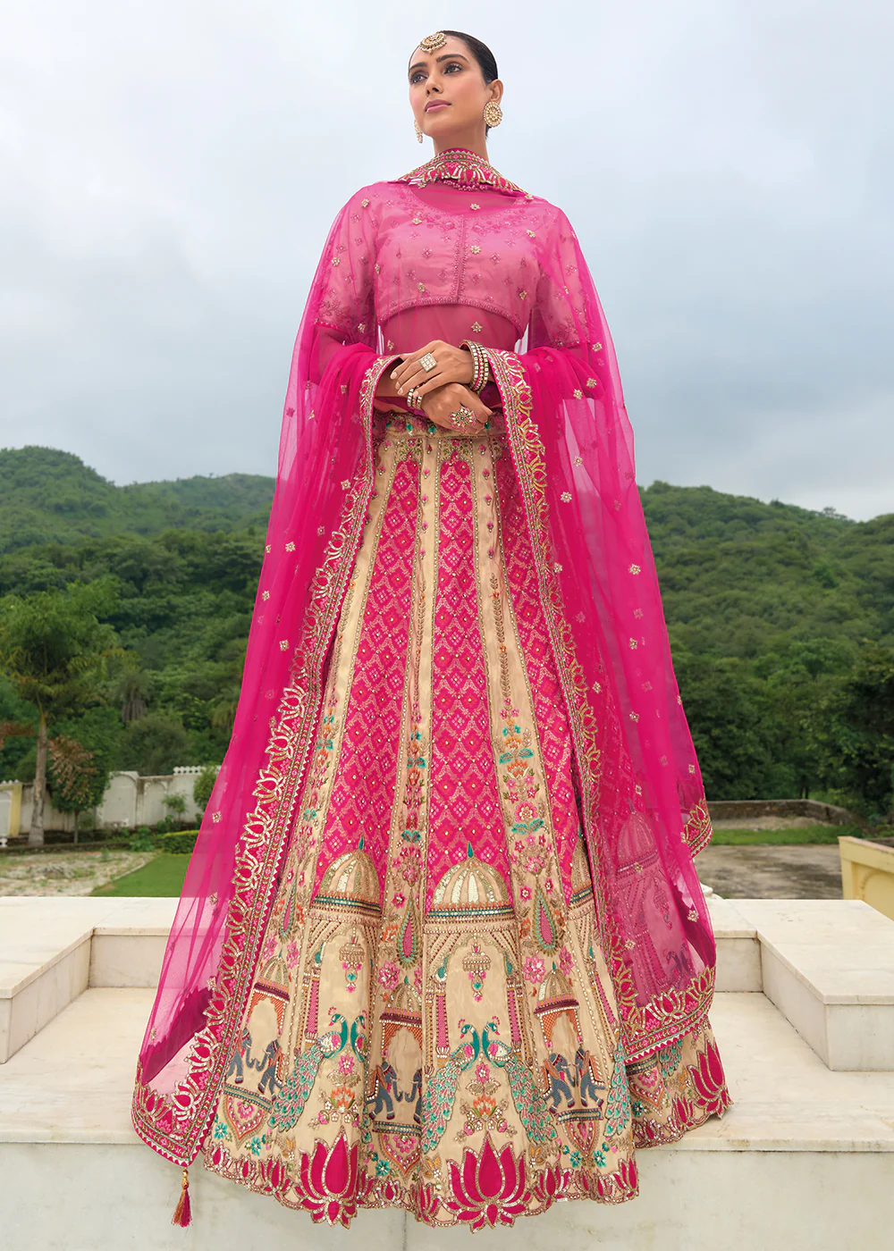 Bridal Cream Pink Heavy Embroidered Designer Lehenga Choli - Image 5