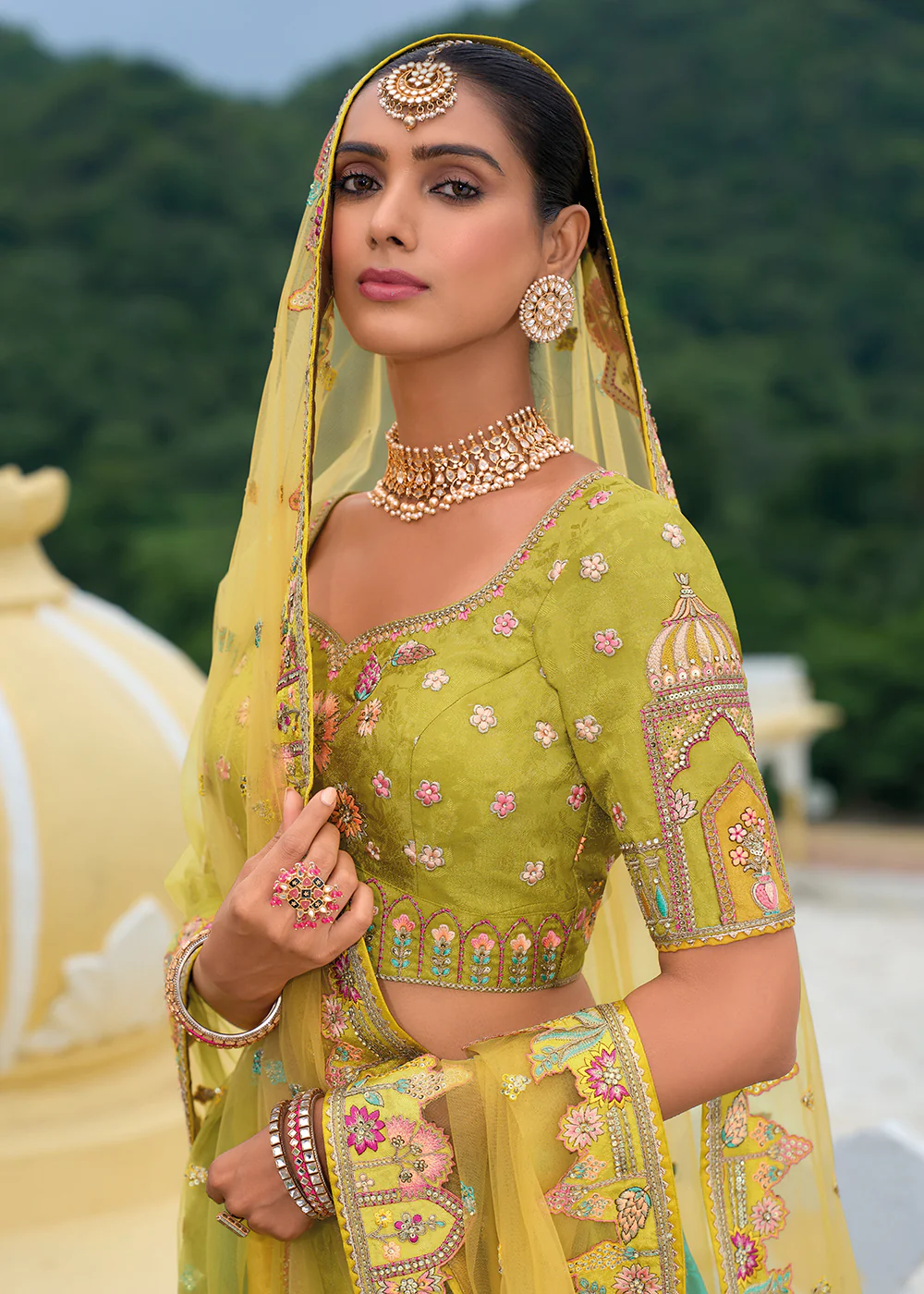 Bridal Green & Mustard Heavy Embroidered Designer Lehenga Choli - Image 2