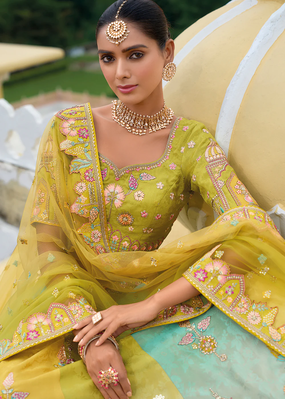 Bridal Green & Mustard Heavy Embroidered Designer Lehenga Choli - Image 3