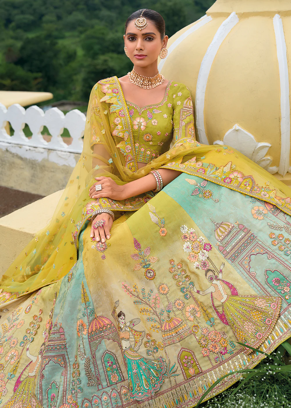 Bridal Green & Mustard Heavy Embroidered Designer Lehenga Choli - Image 4
