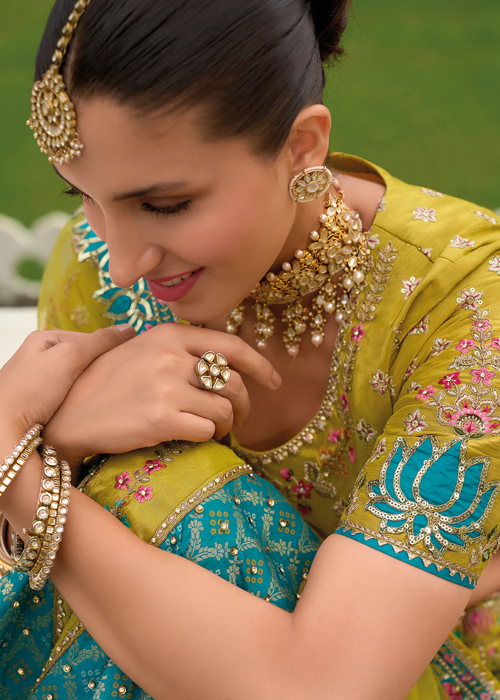 Bridal Green & Rama Heavy Embroidered Designer Lehenga Choli - Image 5