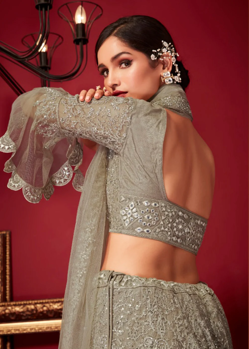 Bridal Grey Resham & Stone Embroidered Wedding Lehenga Choli - Image 3