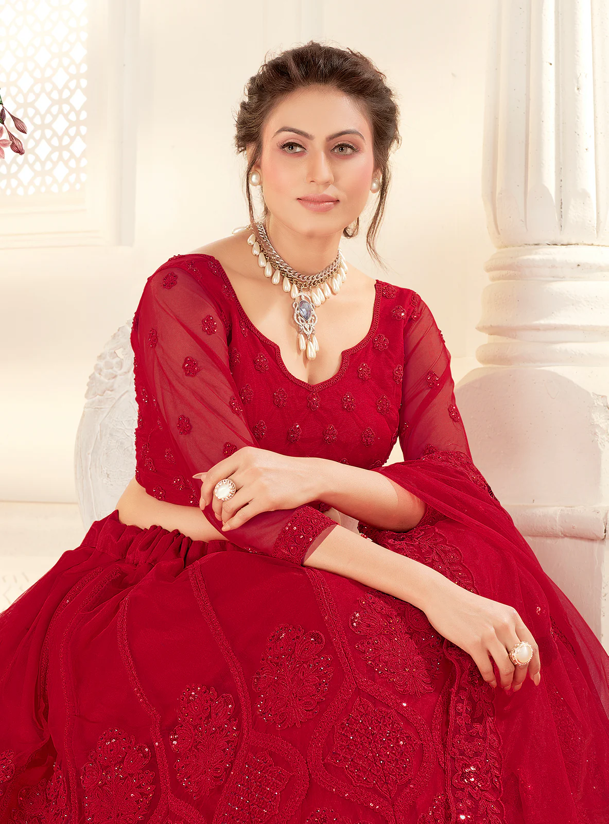 Bridal Hot Red Stunning Embroidered Lehenga Choli - Image 2