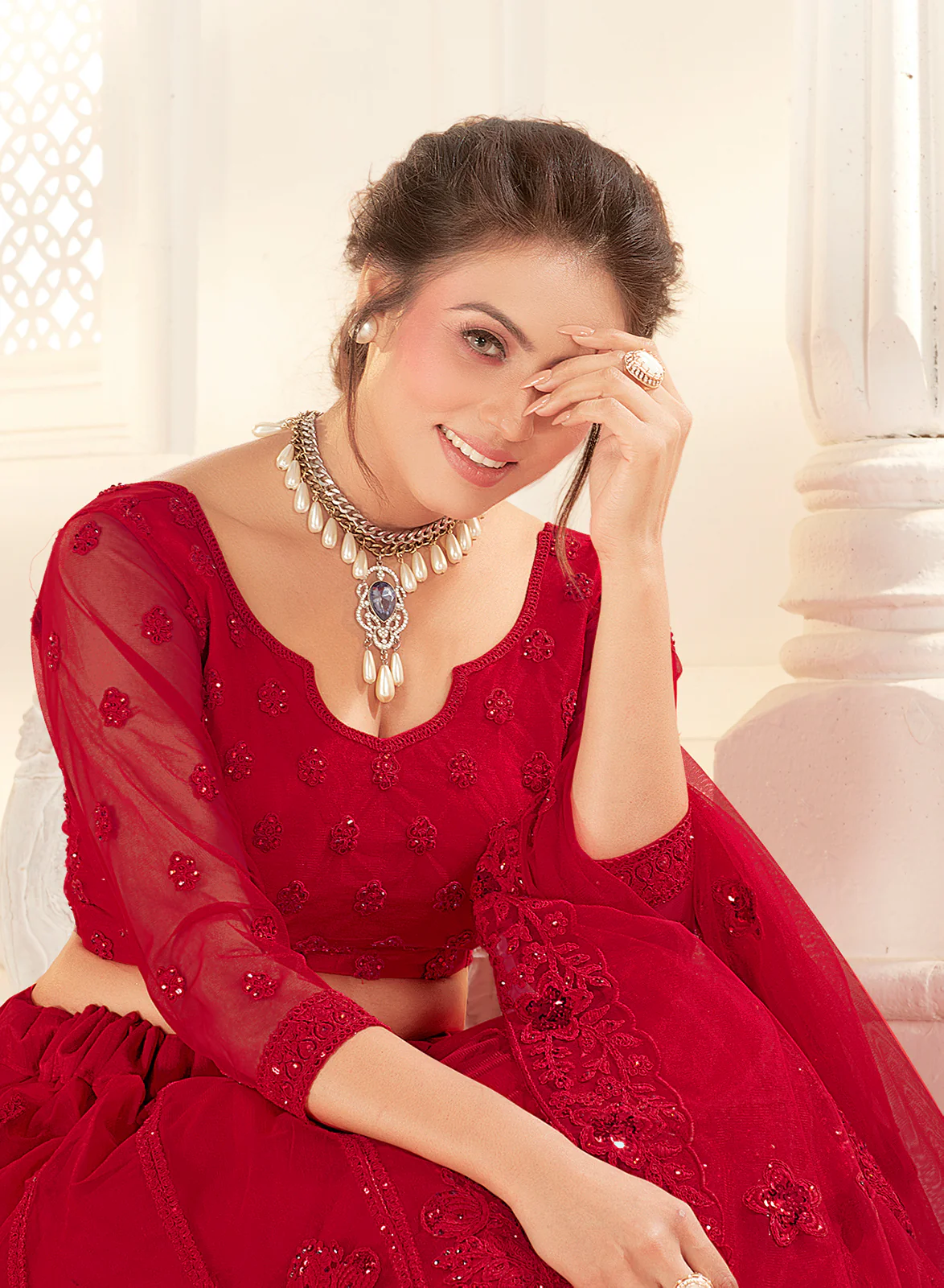 Bridal Hot Red Stunning Embroidered Lehenga Choli - Image 5