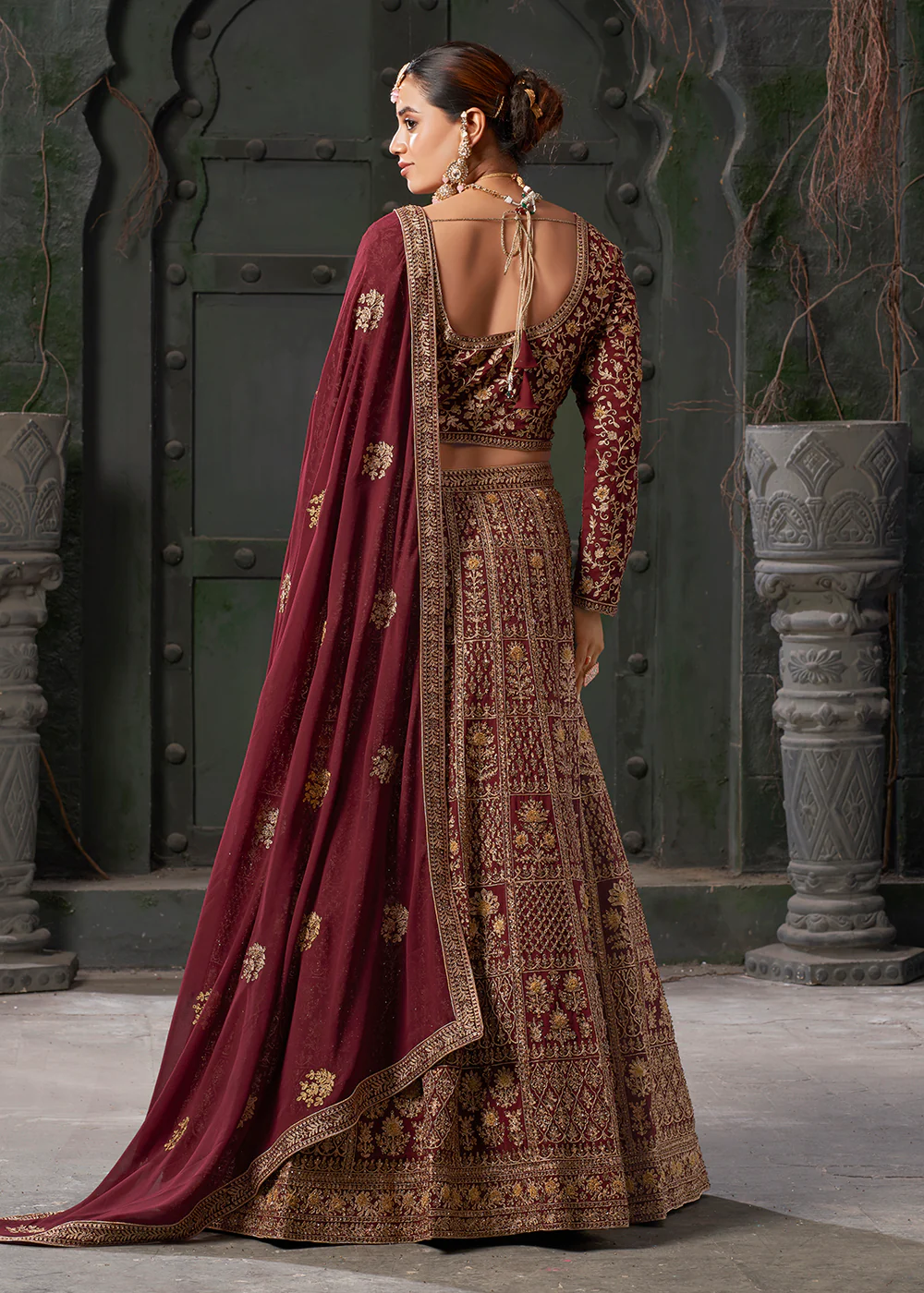 Bridal Maroon Cording Embroidered Georgette Lehenga Choli - Image 3