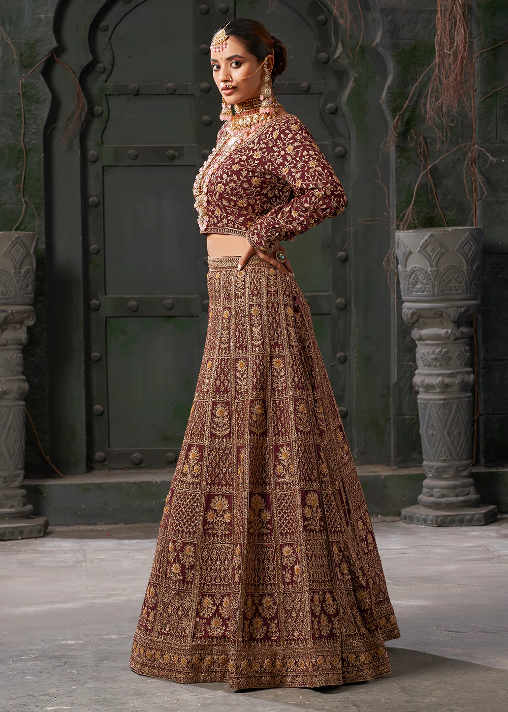 Bridal Maroon Cording Embroidered Georgette Lehenga Choli - Image 4