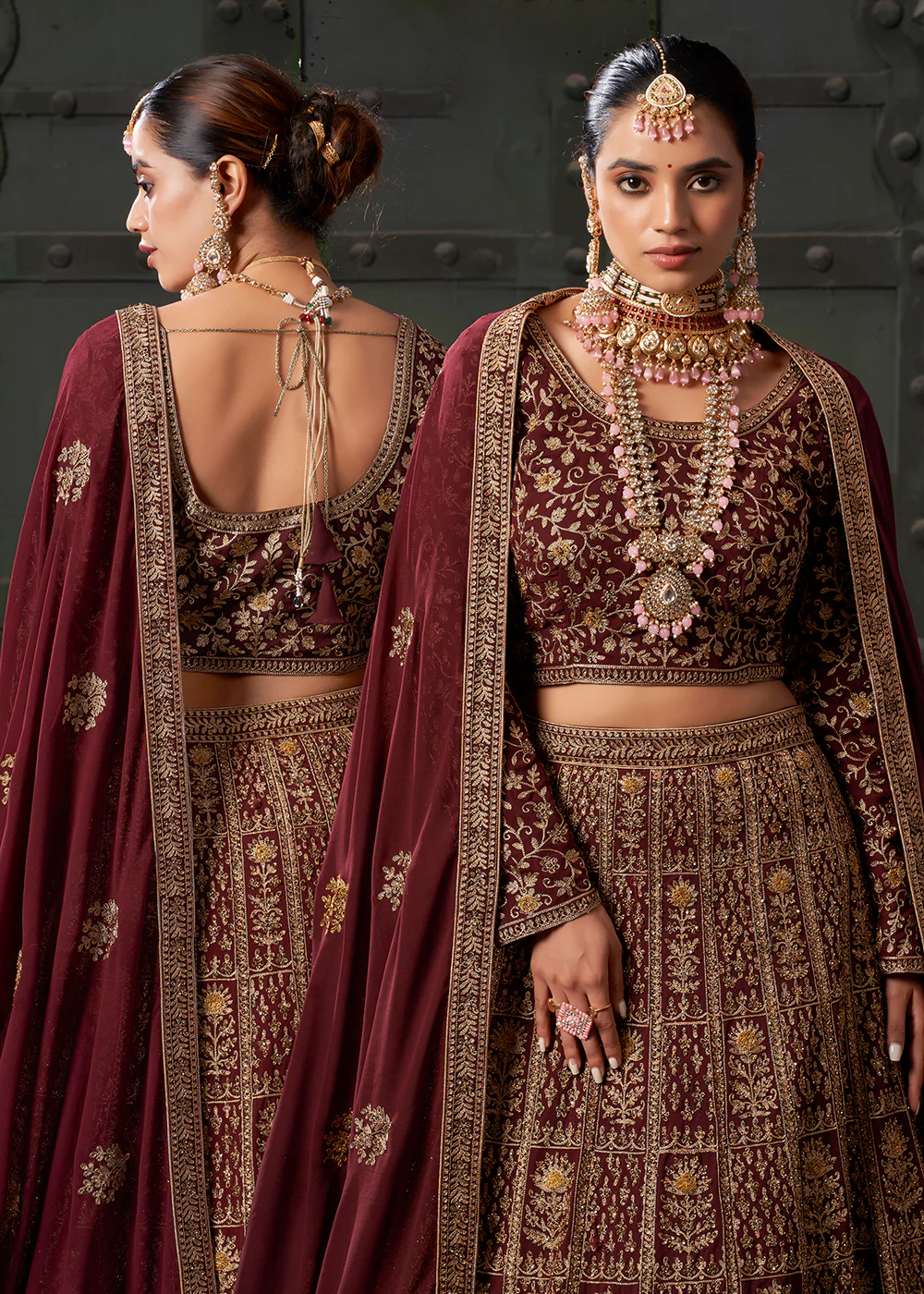 Bridal Maroon Cording Embroidered Georgette Lehenga Choli - Image 9