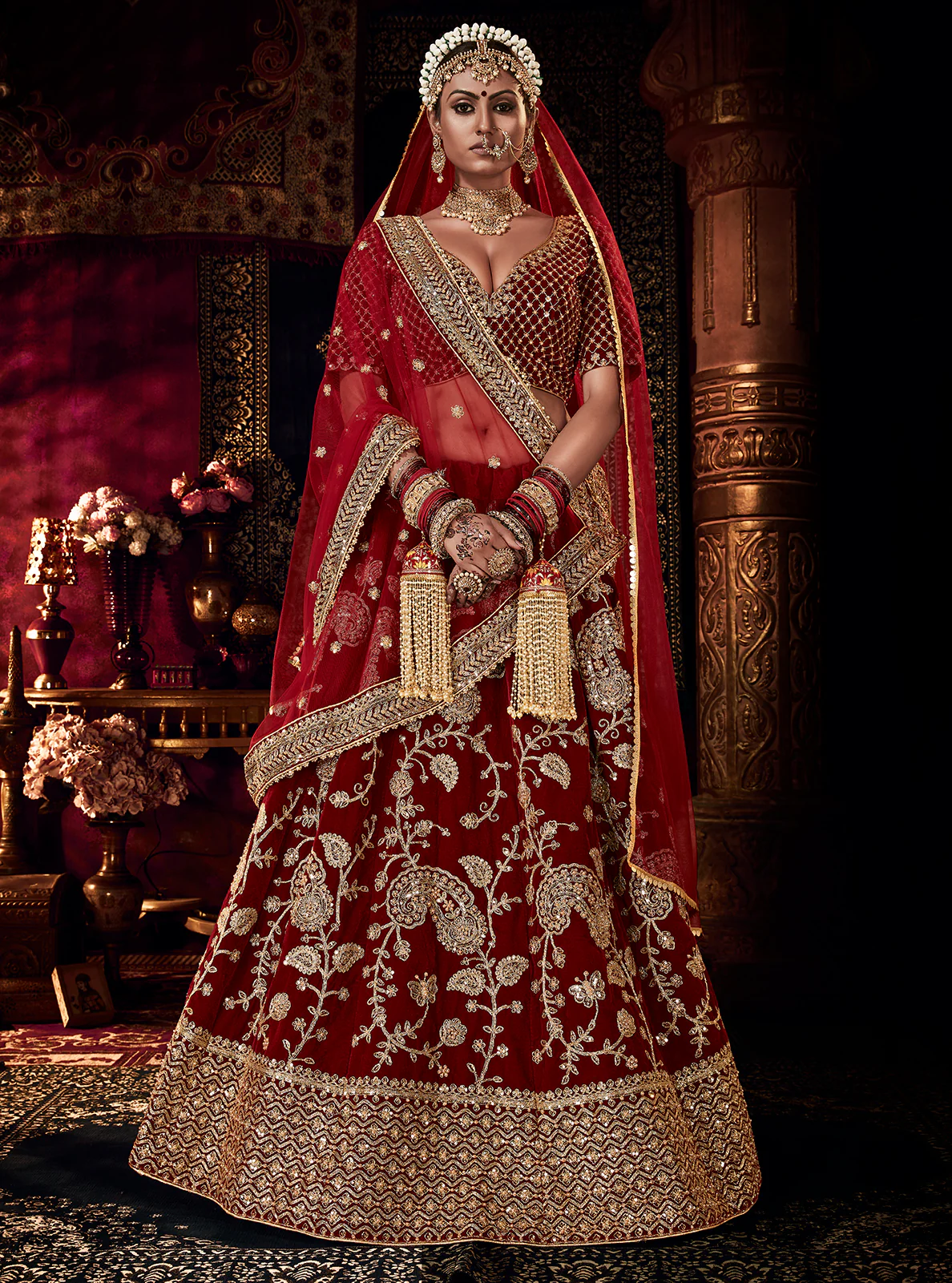 Bridal Maroon Velvet Heavy Embroidered Wedding Lehenga Choli