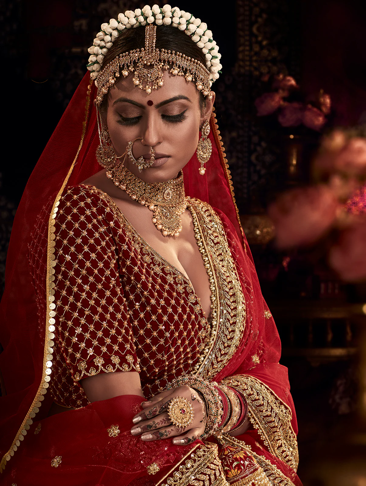 Bridal Maroon Velvet Heavy Embroidered Wedding Lehenga Choli - Image 2