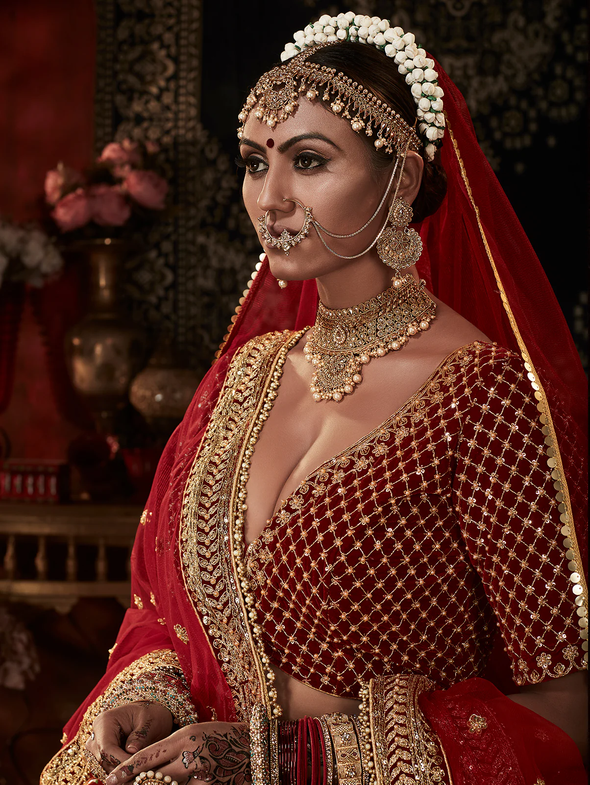 Bridal Maroon Velvet Heavy Embroidered Wedding Lehenga Choli - Image 3
