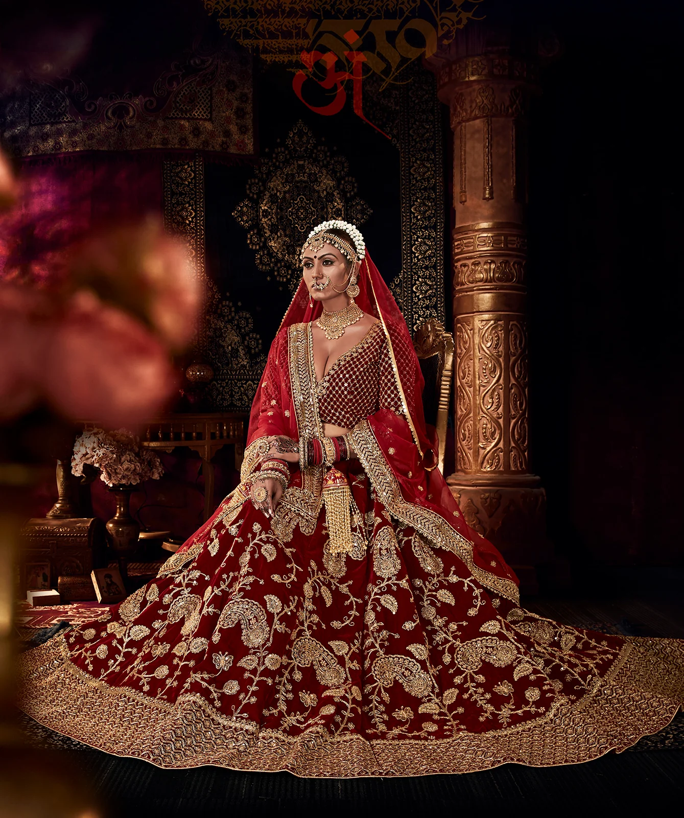 Bridal Maroon Velvet Heavy Embroidered Wedding Lehenga Choli - Image 4