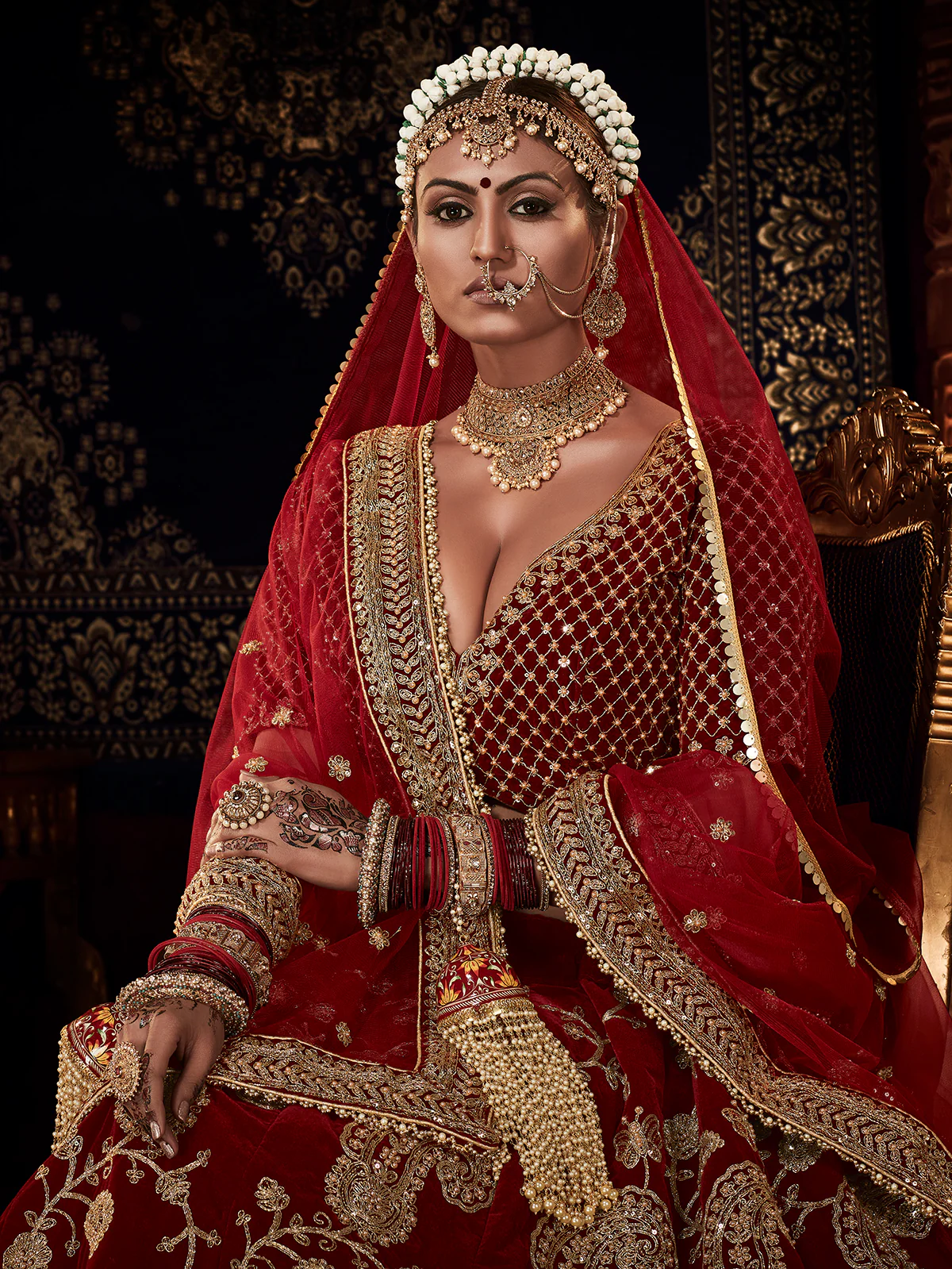 Bridal Maroon Velvet Heavy Embroidered Wedding Lehenga Choli - Image 5