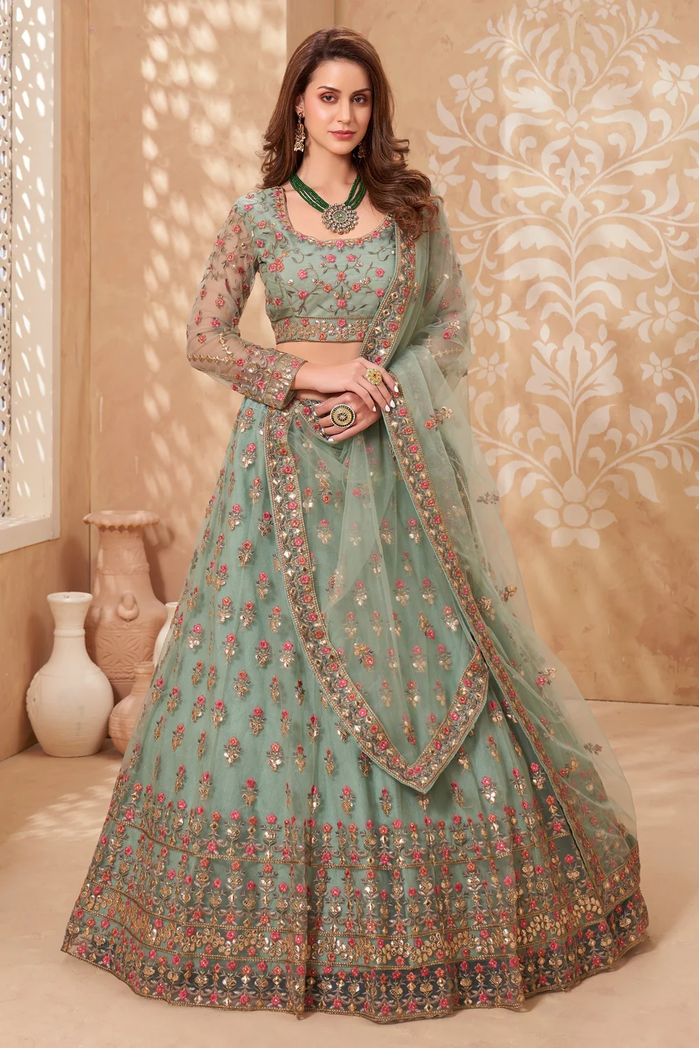 Bridal Mint Green A Line All Embroidered Lehenga Choli