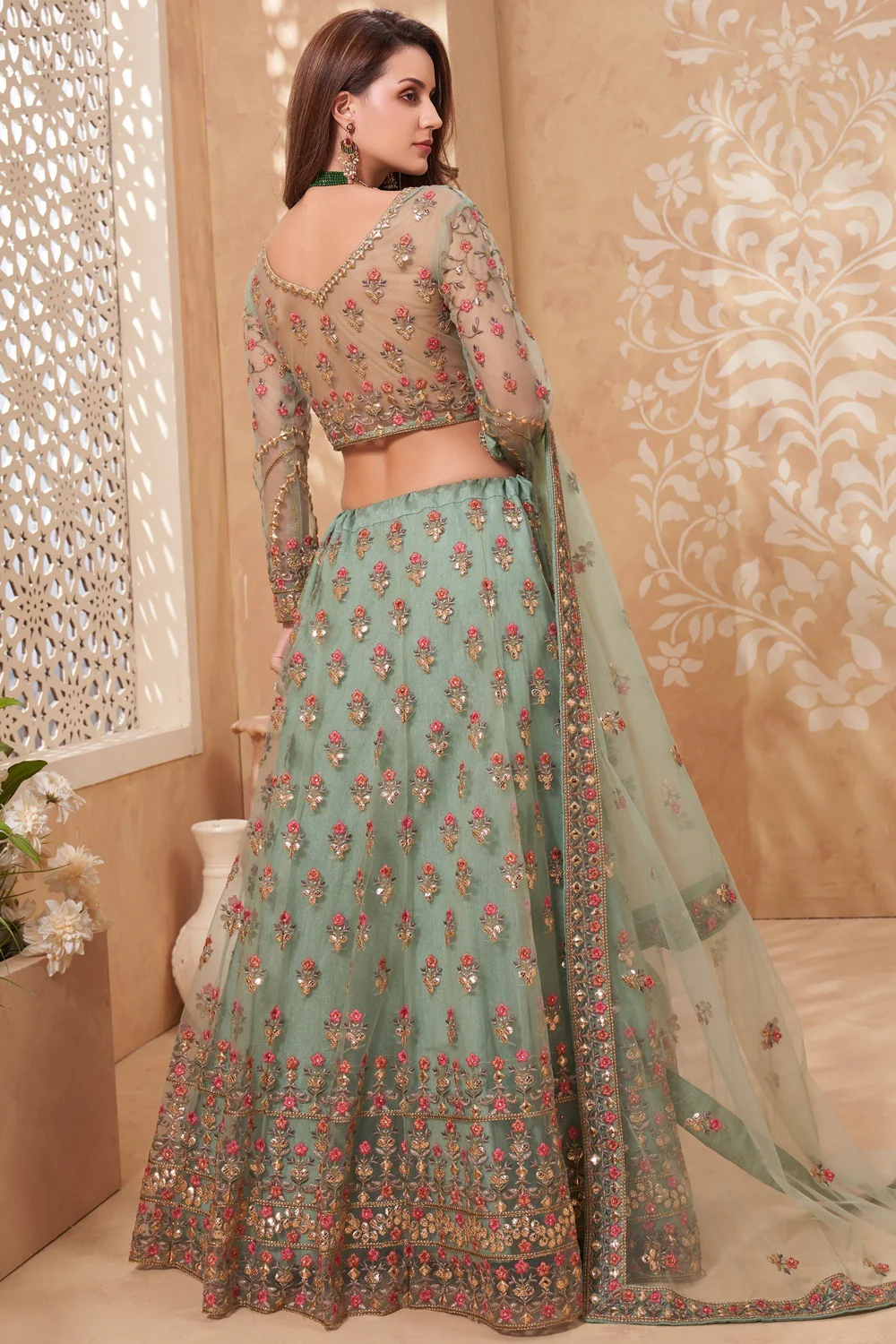 Bridal Mint Green A Line All Embroidered Lehenga Choli - Image 3