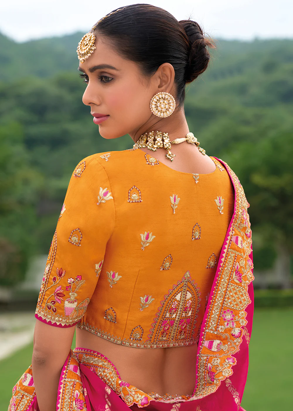 Bridal Orange Pink Heavy Embroidered Designer Lehenga Choli - Image 3