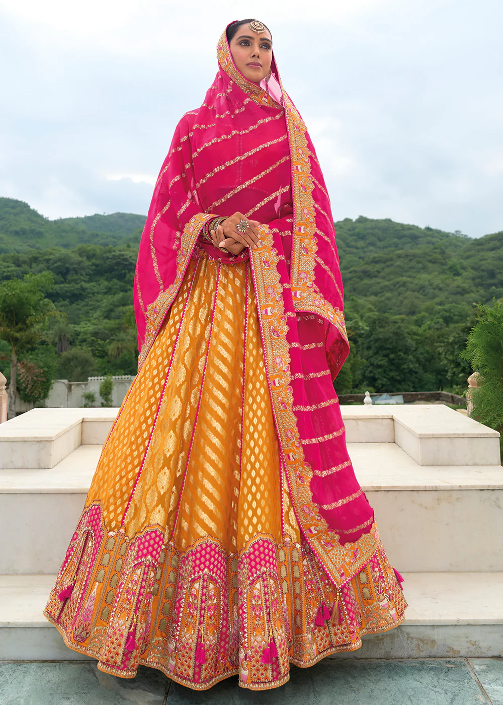 Bridal Orange Pink Heavy Embroidered Designer Lehenga Choli - Image 4