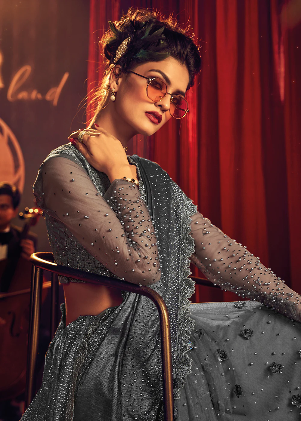 Bridal Party Amazing Grey Premium Net Designer Saree - Image 2