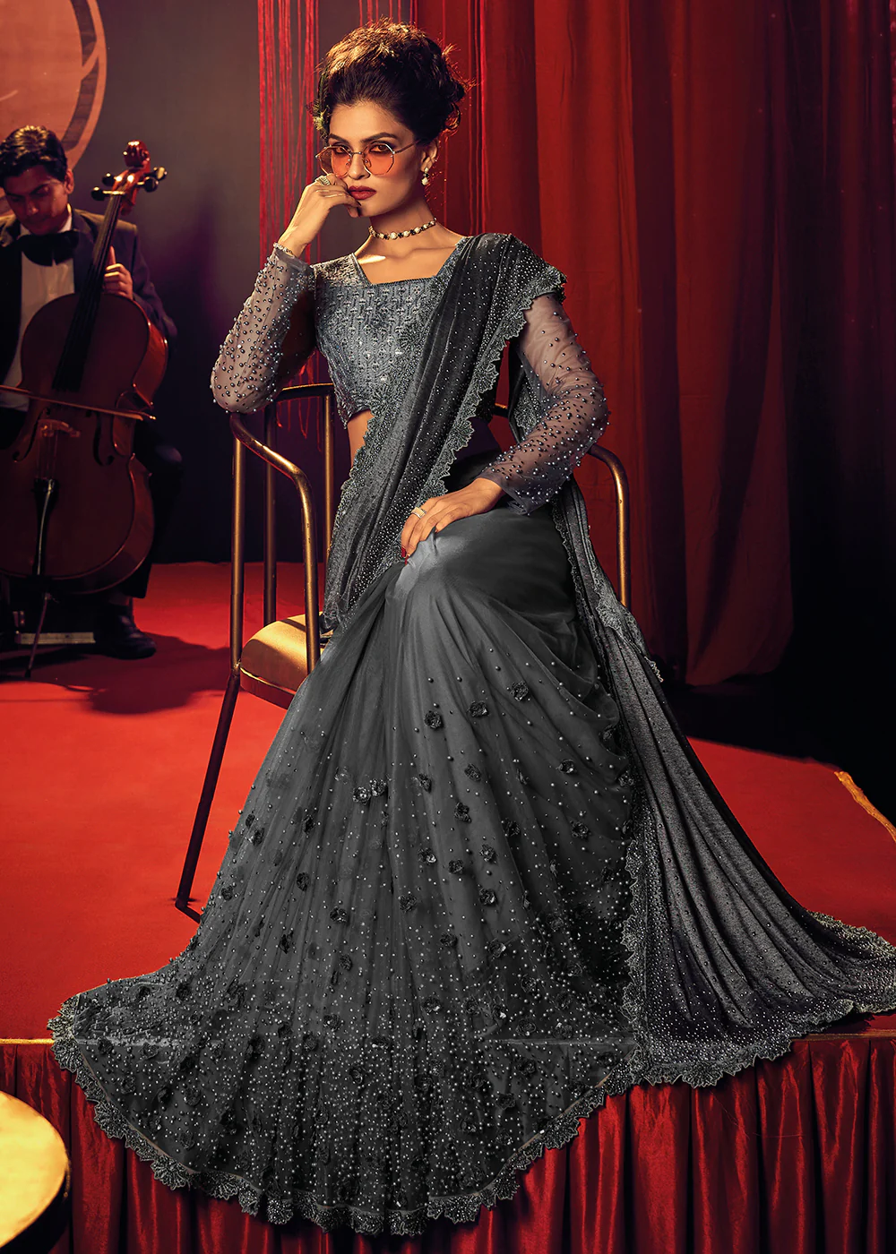 Bridal Party Amazing Grey Premium Net Designer Saree - Image 3