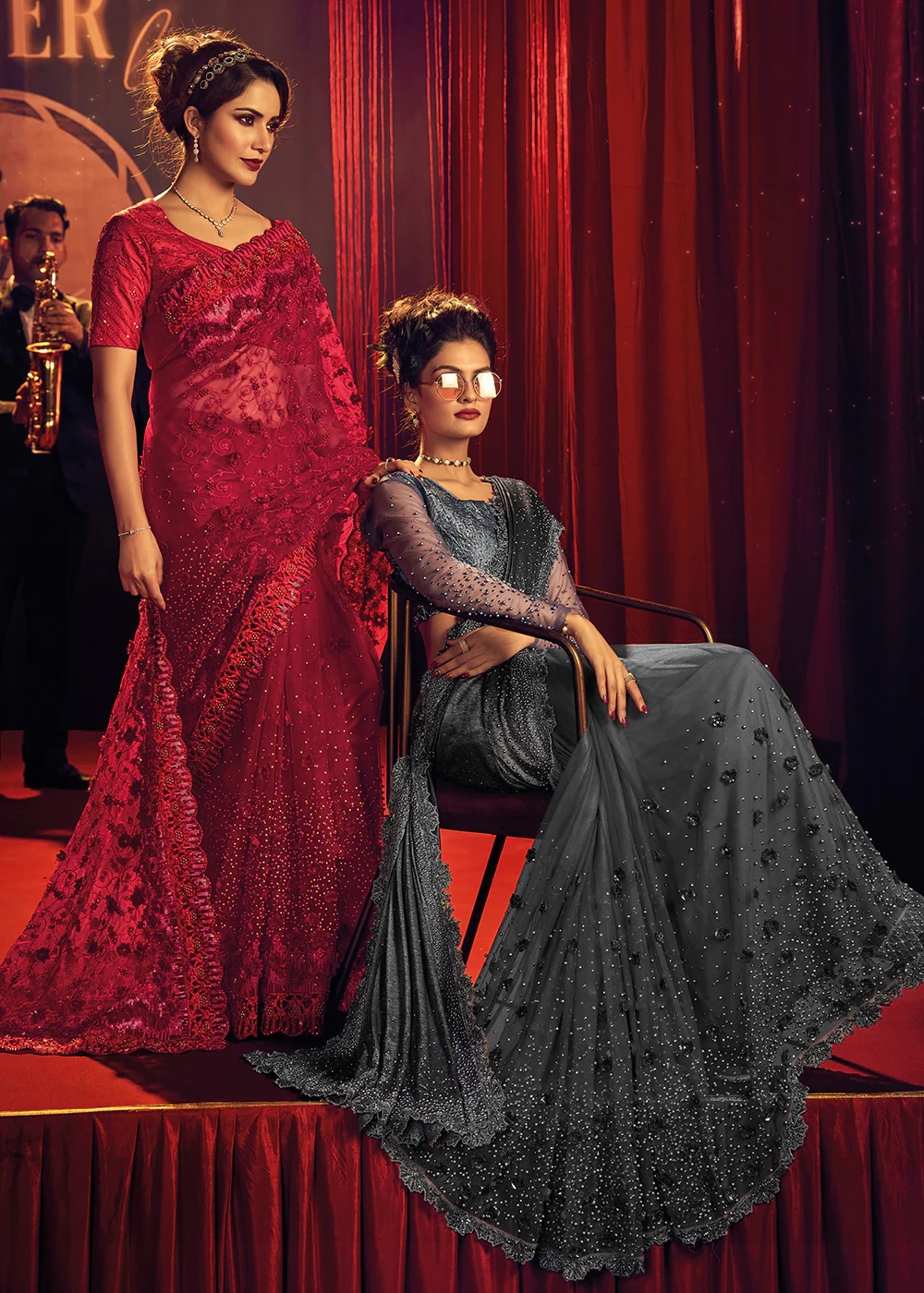 Bridal Party Amazing Grey Premium Net Designer Saree - Image 4