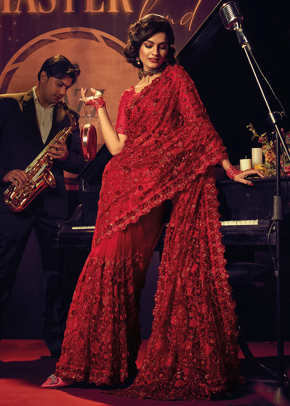 Bridal Party Charismatic Red Premium Net Designer Saree - Image 3
