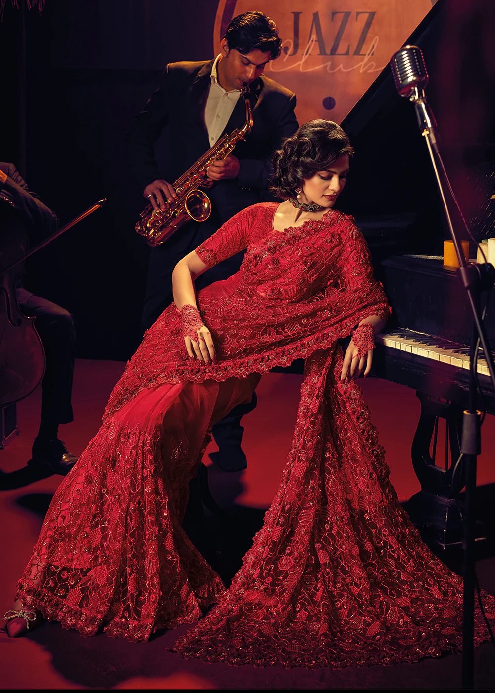 Bridal Party Charismatic Red Premium Net Designer Saree - Image 4