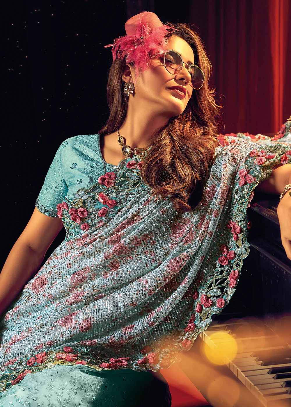 Bridal Party Luminous Sea Green Premium Net Designer Saree - Image 2