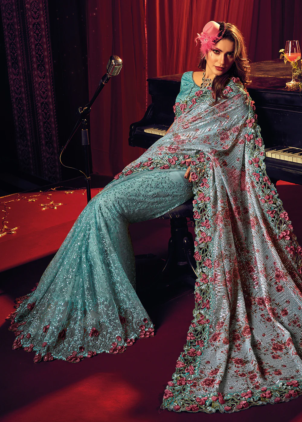 Bridal Party Luminous Sea Green Premium Net Designer Saree - Image 3