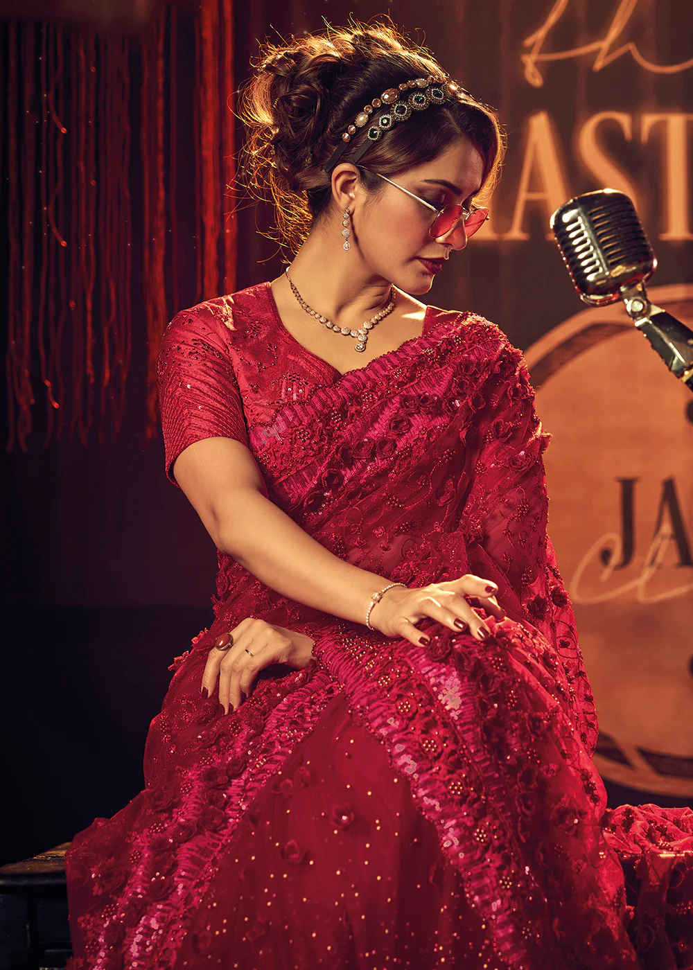 Bridal Party Luxurious Red Premium Net Contemporary Saree - Image 2