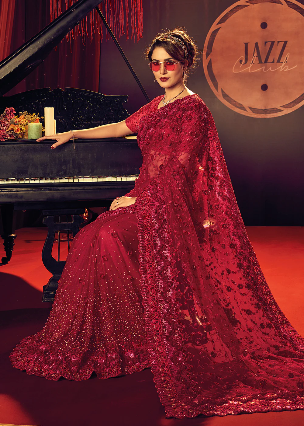 Bridal Party Luxurious Red Premium Net Contemporary Saree - Image 3