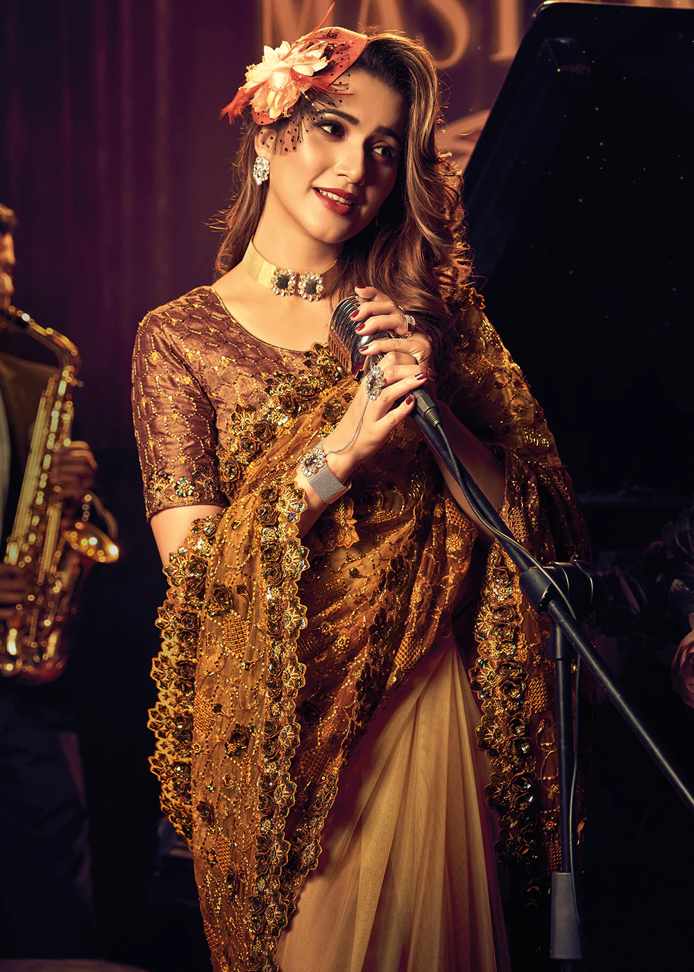 Bridal Party Mesmeric Mustard Premium Net Designer Saree - Image 2