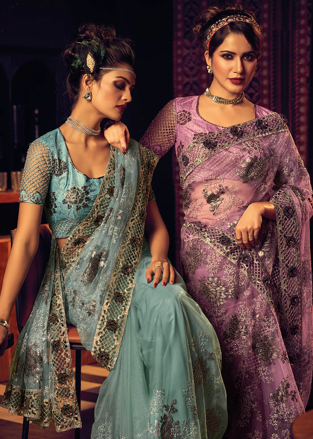 Bridal Party Phenomenal Sea Green Premium Net Designer Saree - Image 3