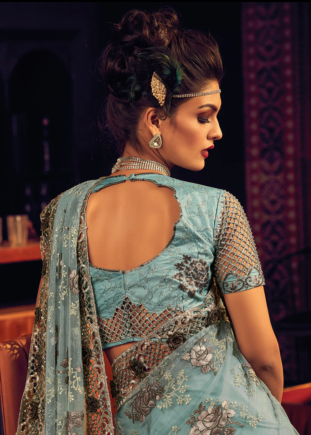 Bridal Party Phenomenal Sea Green Premium Net Designer Saree - Image 4