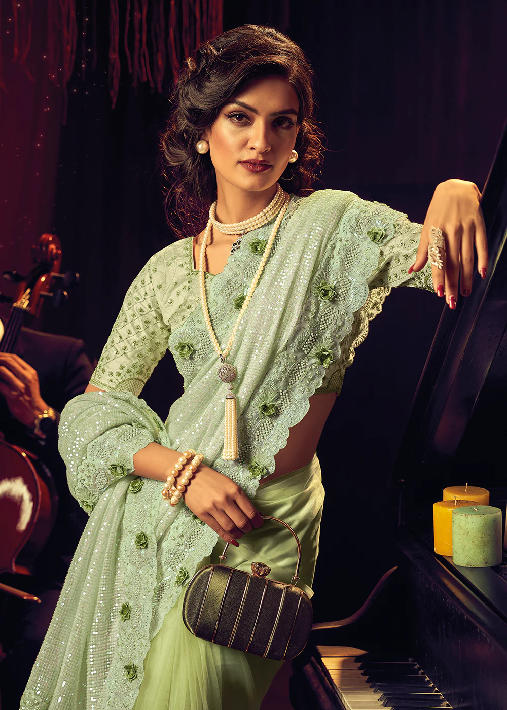 Bridal Party Pista Green Premium Net Designer Saree - Image 2